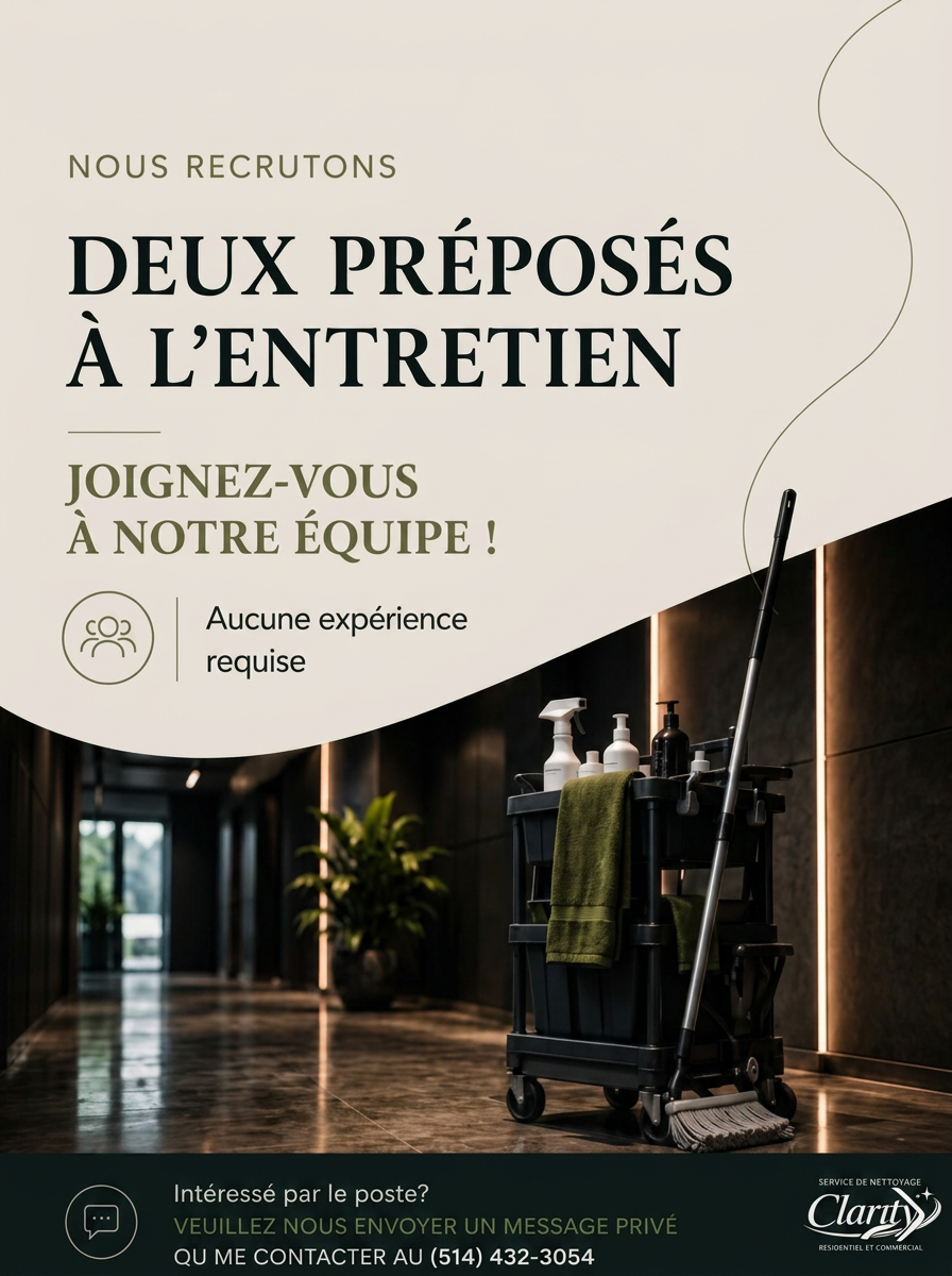 Nous recrutons : deux préposés à l'entretien chez Clarity